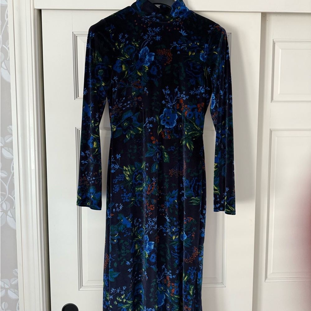 Floral Velvet Dress - Blue and Green - from Anthropologie